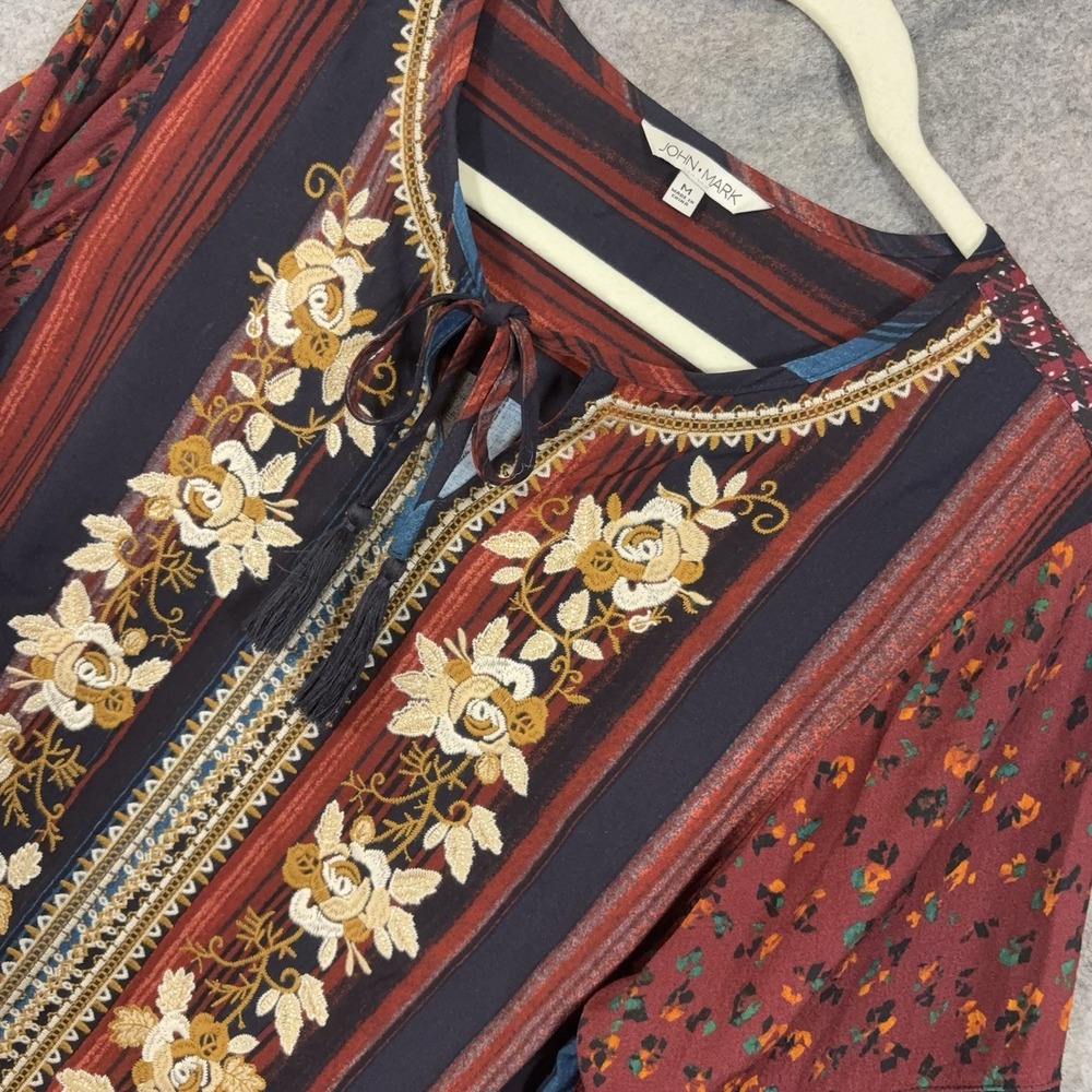 John Mark Blouse Top Womens Sz M Multicolor Embroidered Floral Tassels Boho